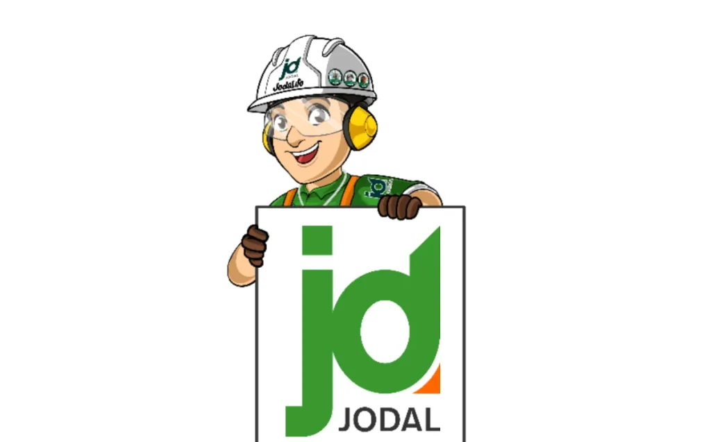 Mascote da Jodal usando equipamentos de proteção e segurando a marca da empresa